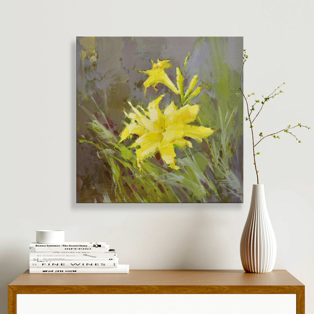 16x16 oil painting of yellow daylily flowers 22010519 image 1