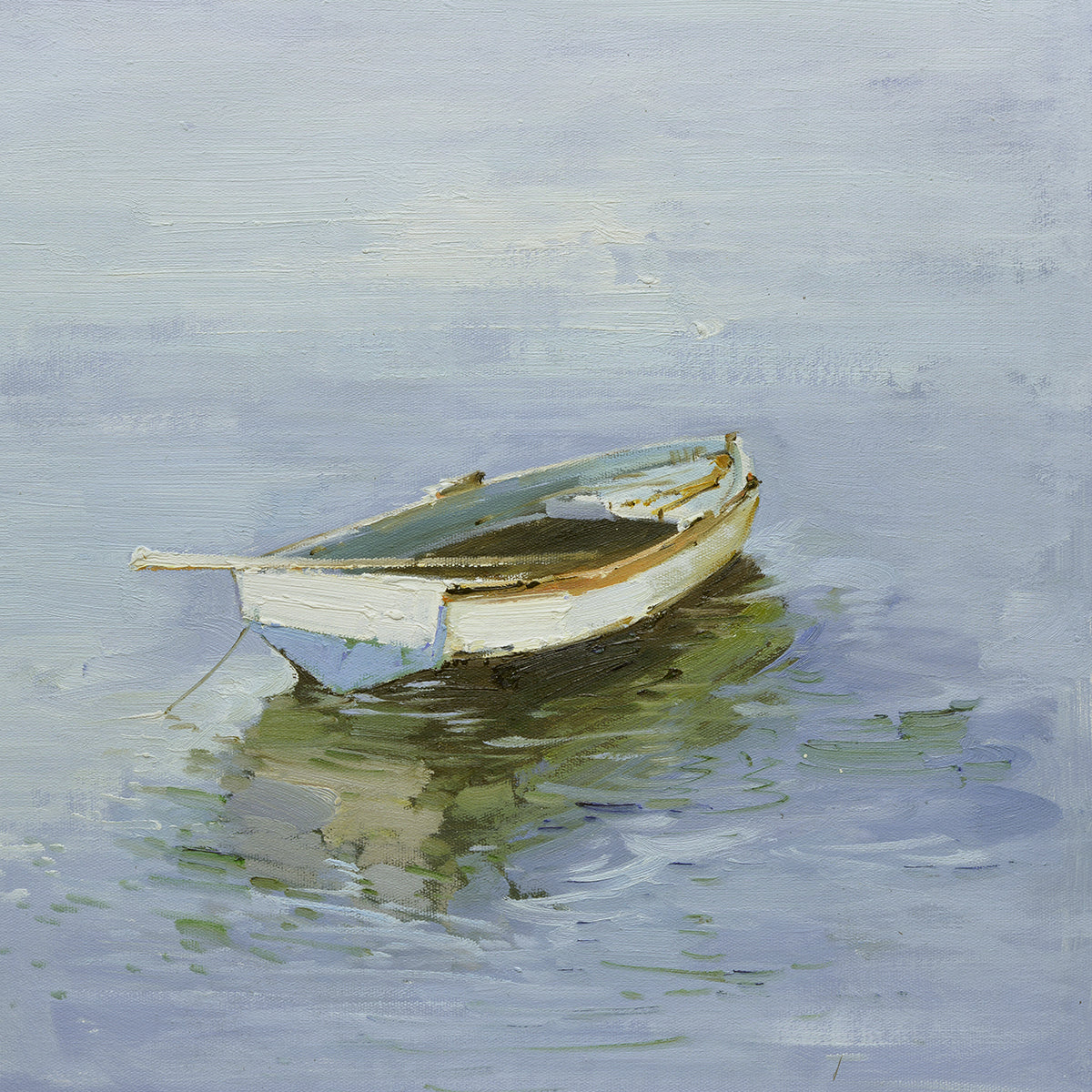 16x16 oil painting on canvas of little white boat on water 22010513 image 0