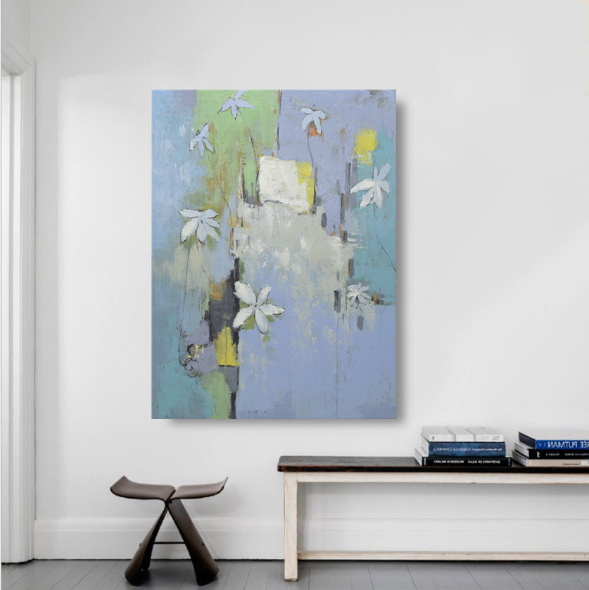 Studio Art 36X48 large abstract oil painting with white flowers S-81912509 image 1