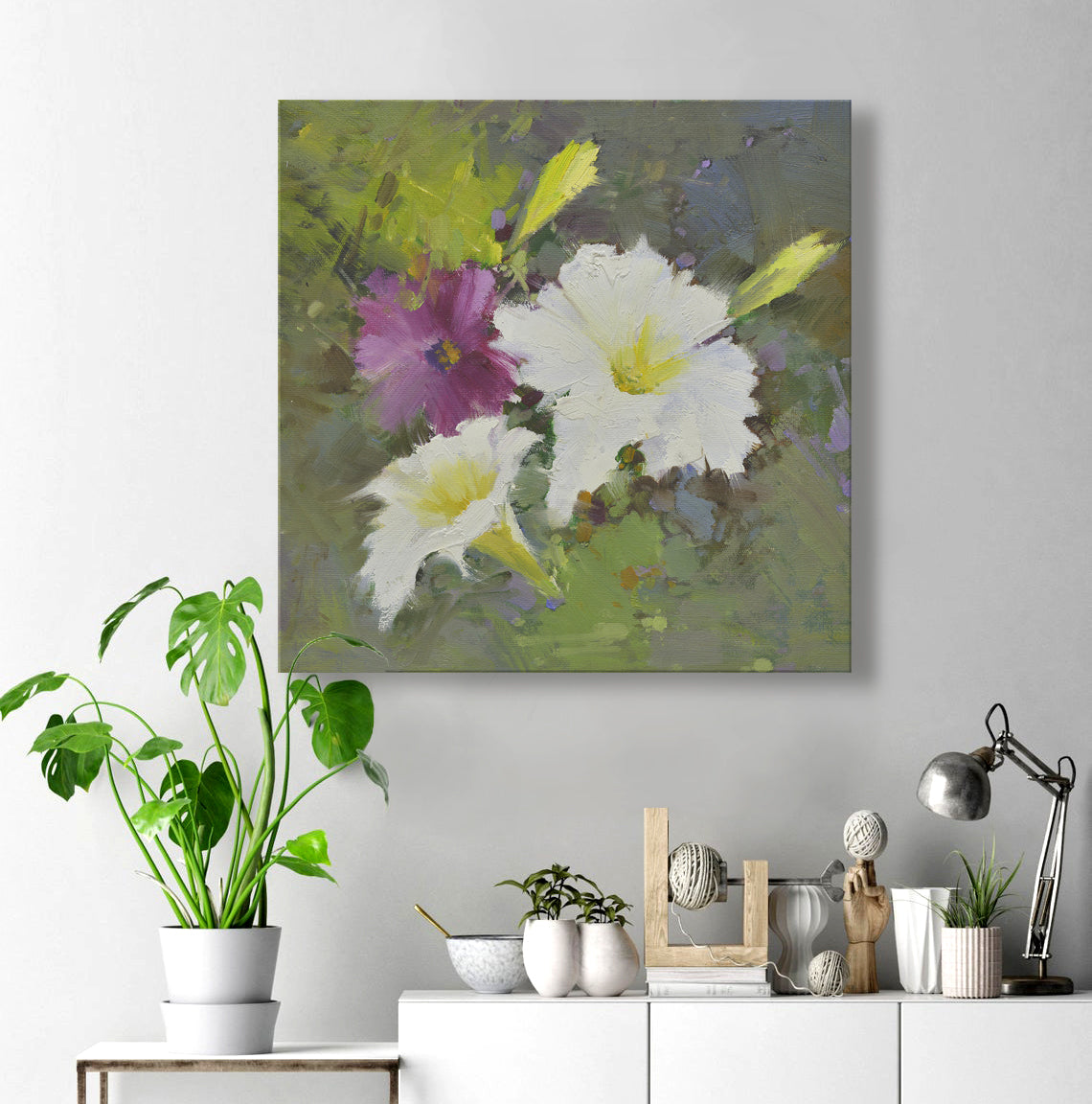 16x16 oil painting of petunia flowers white and purple 22010507 image 1