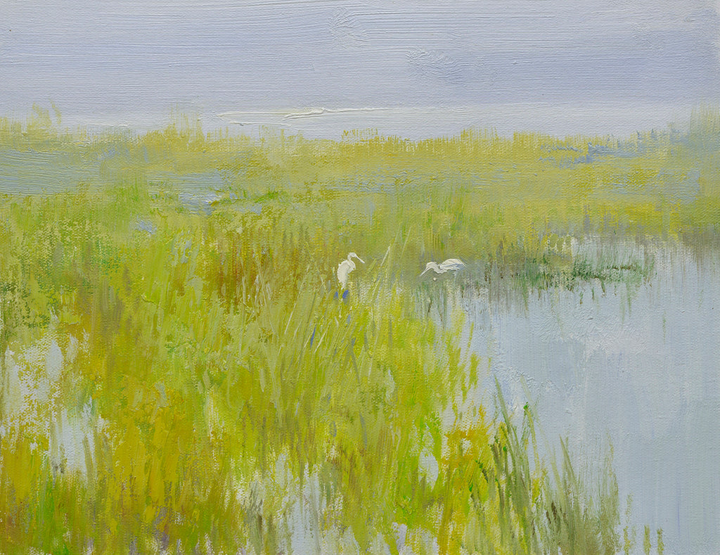 12x16 oil painting on canvas of egrets in marsh landscape 22010530 image 0
