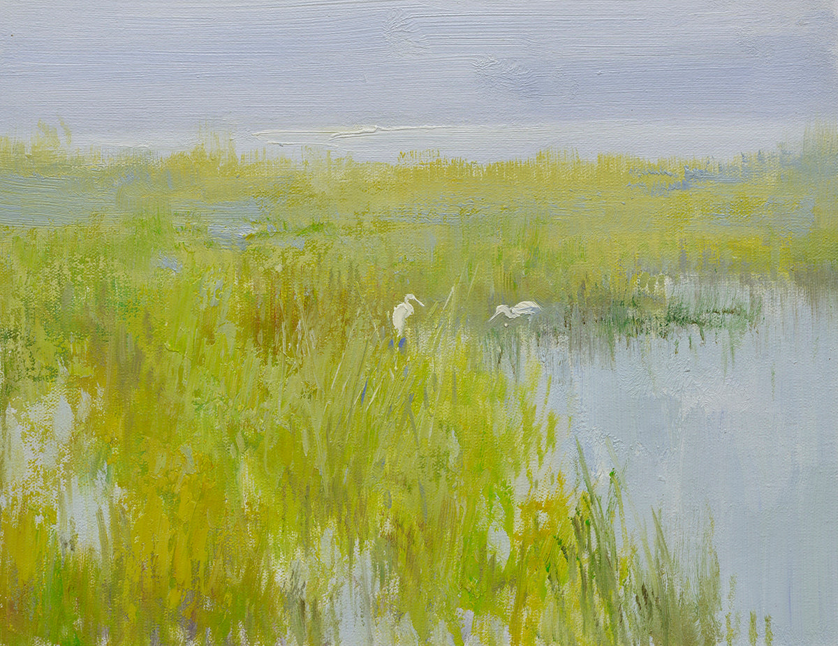 12x16 oil painting on canvas of egrets in marsh landscape 22010530 image 0