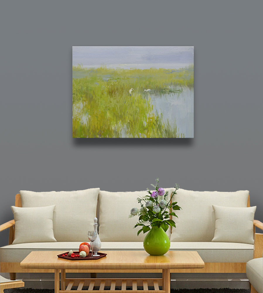 12x16 oil painting on canvas of egrets in marsh landscape 22010530 image 1