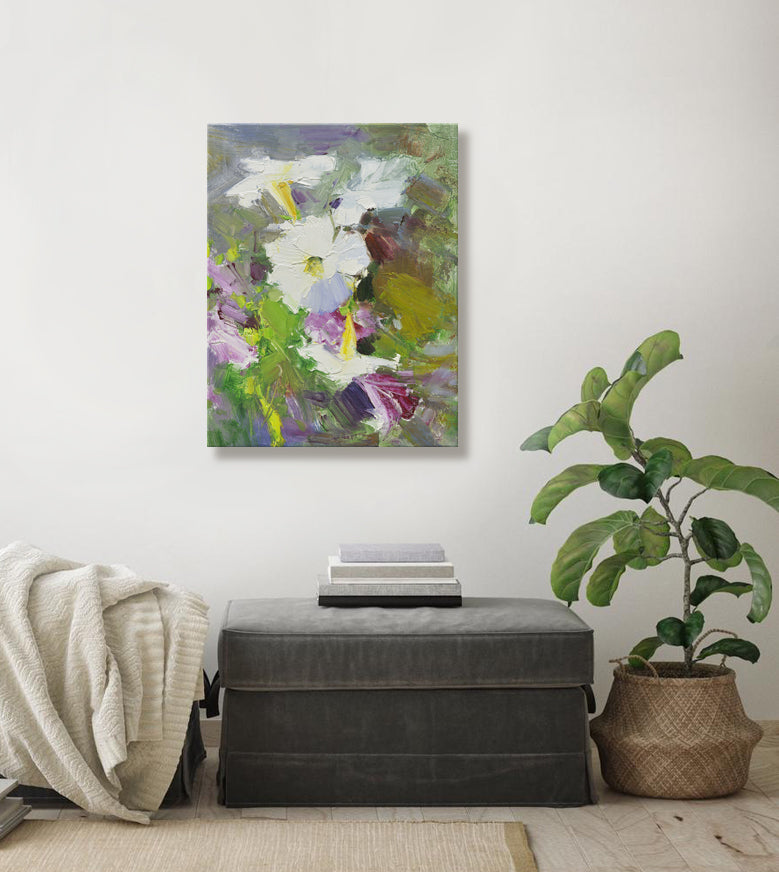 12x16 oil painting on canvas of white petunia flowers 22010536 image 1