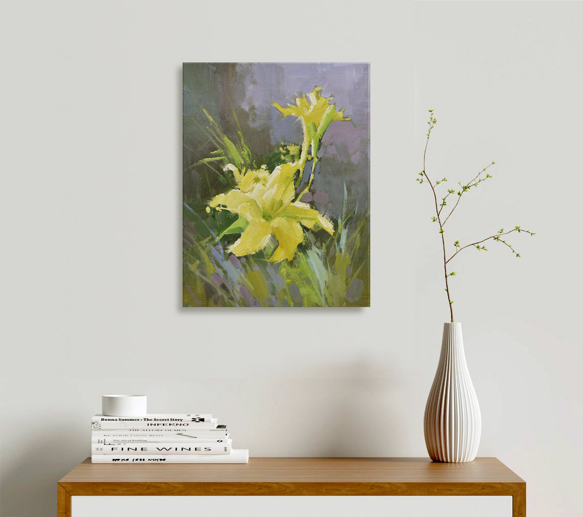 12x16 oil painting on canvas of yellow daylily flowers 22010552 image 1
