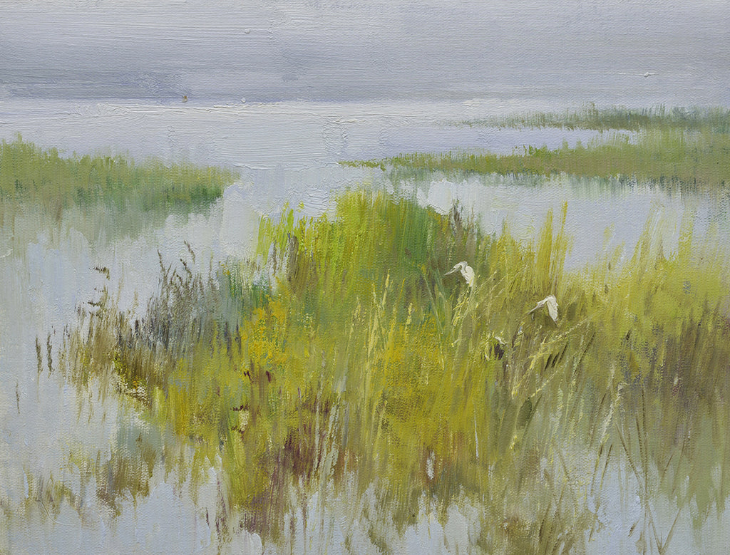 12x16 oil painting on canvas of egrets in marsh landscape 22010529 image 0