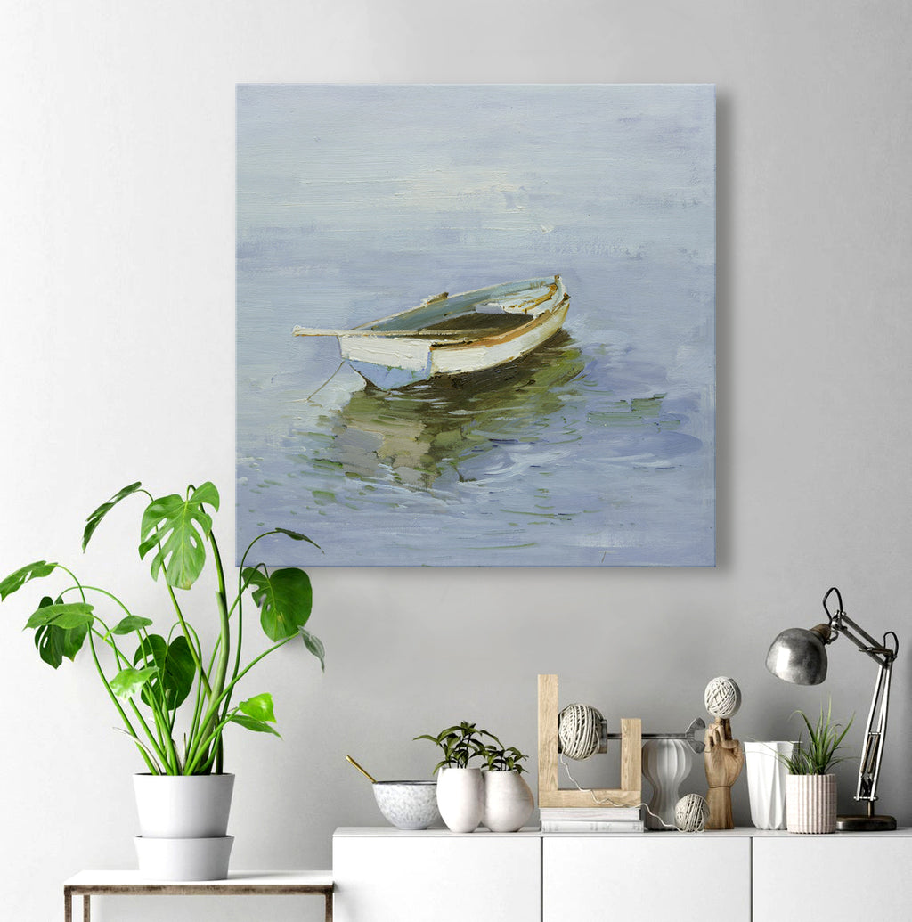 16x16 oil painting on canvas of little white boat on water 22010513 image 1