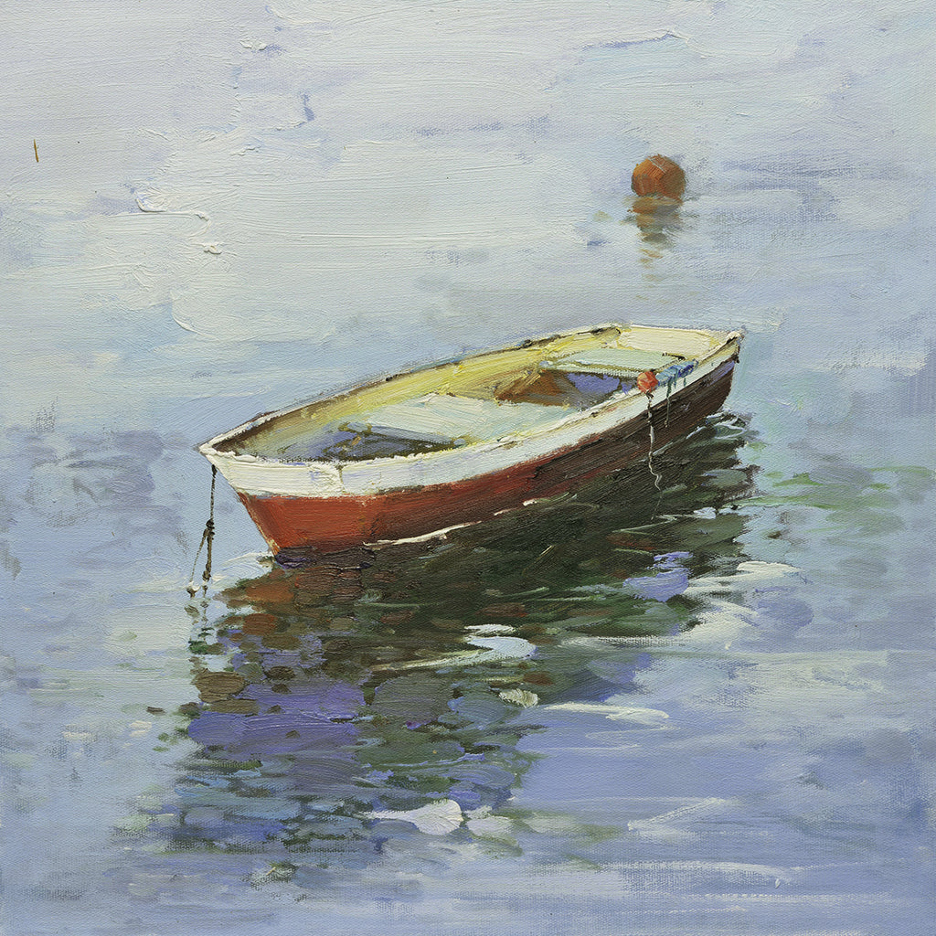 16x16 oil painting on canvas of little red boat on water 22010514 image 0