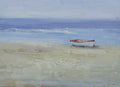 12x16 oil painting on canvas of white boat on beach 22010538 image 0
